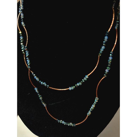 Sparkling Blue AB Bead Necklace Long Glass Gold Tone Curved Bars - Picture 7 of 8